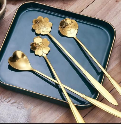 Golden Finished Floral Spoon Set of 4 with Sunflower, Rose , Lily and Daisy Design